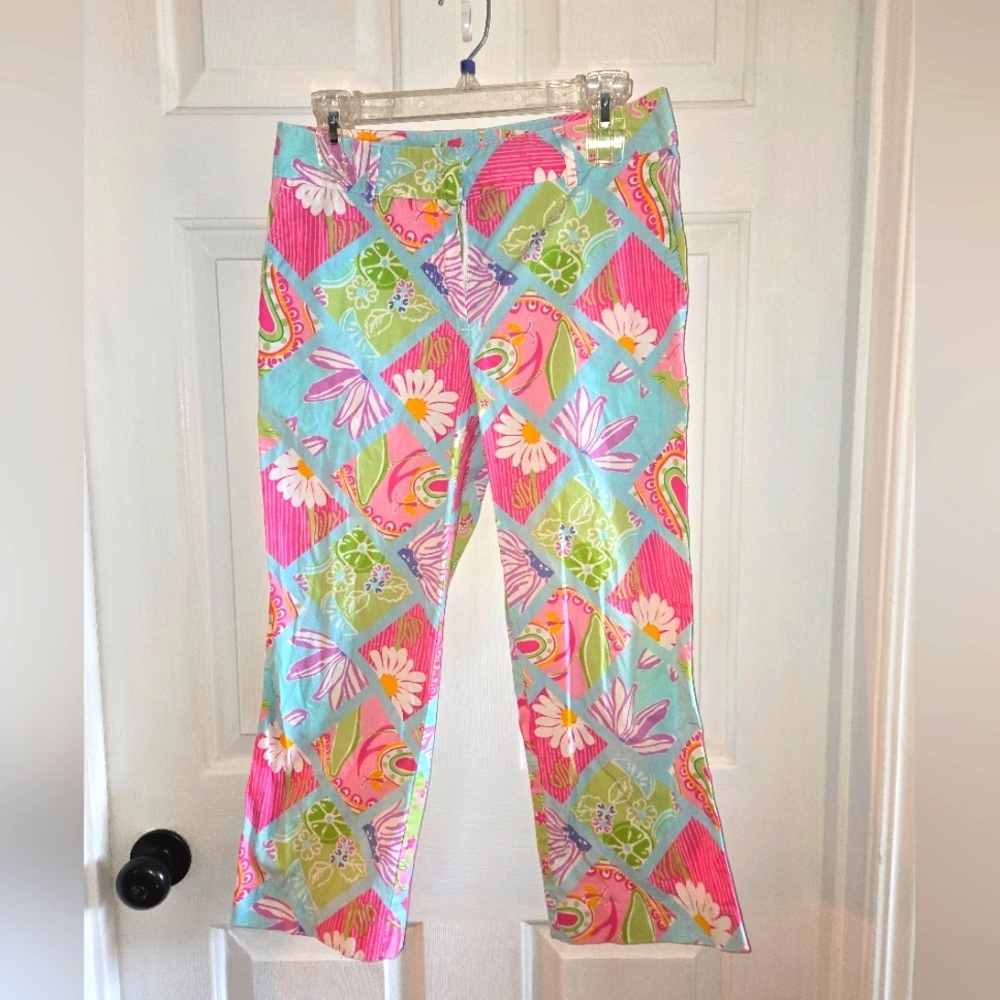 Lilly Pulitzer Vintage Cropped Floral Pink Aqua Pants Size 4